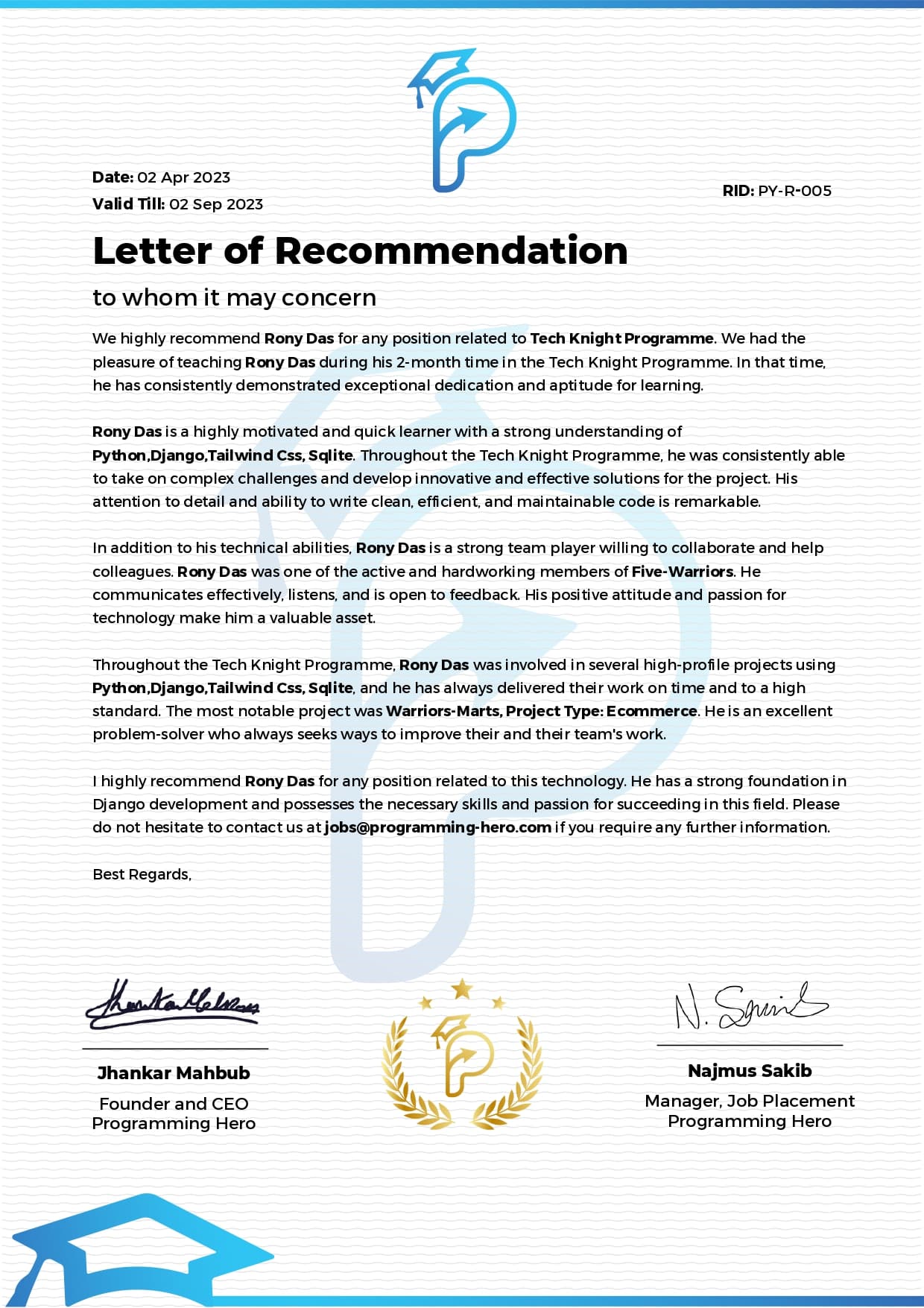 Letter of Recommendation – Tech Knight Programme